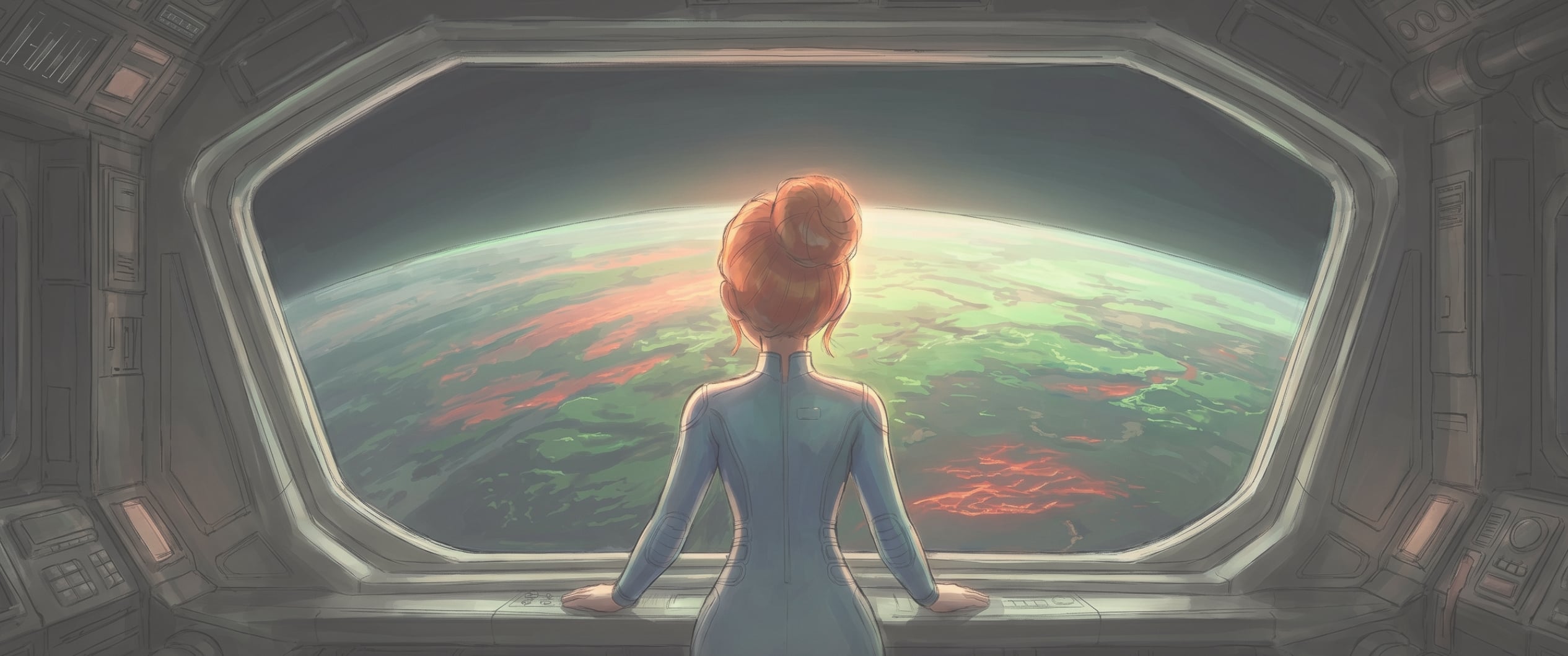 A traveler viewing an unfamiliar planet from a station window